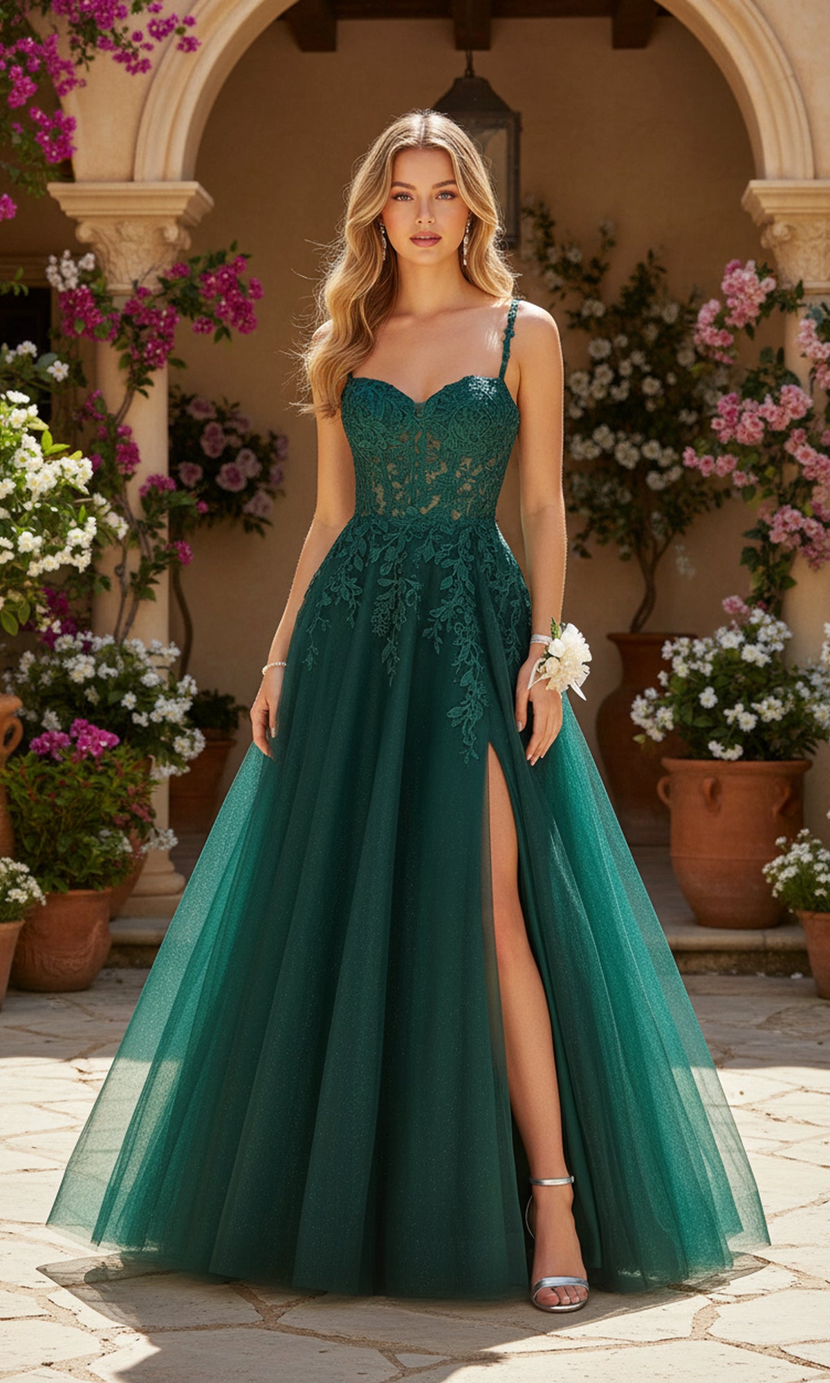 A woman in an emerald Long Prom Dress: PromGirl Exclusive 250268 with lace embroidery and a thigh-high slit stands outdoors among potted flowers and greenery.